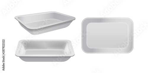 Empty styrofoam food storage. White food plastic tray, set of foam meal containers photo