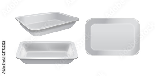 Empty styrofoam food storage. White food plastic tray, set of foam meal containers