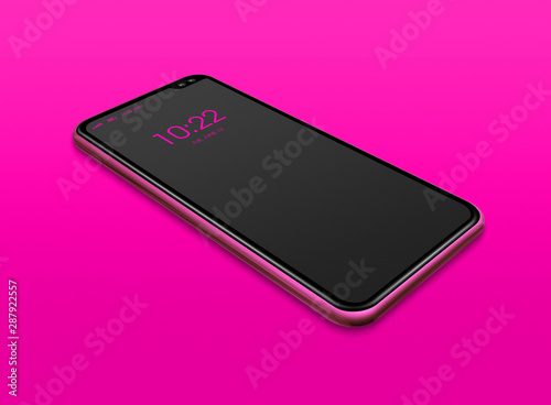 All-screen black smartphone mockup isolated on pink. 3D render