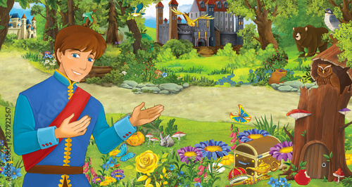 cartoon scene with happy young prince or king in the forest near some castles - illustration for children