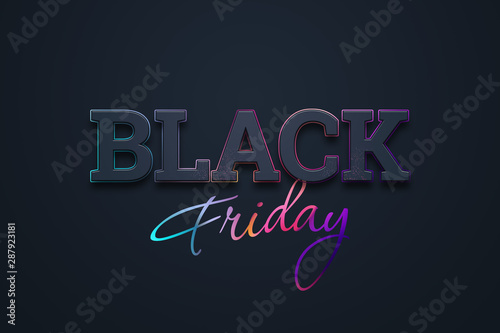 Black friday sale inscription, neon on a dark background, design template. Black friday banner. Copy space, creative background. 3D Illustration, 3D Design.