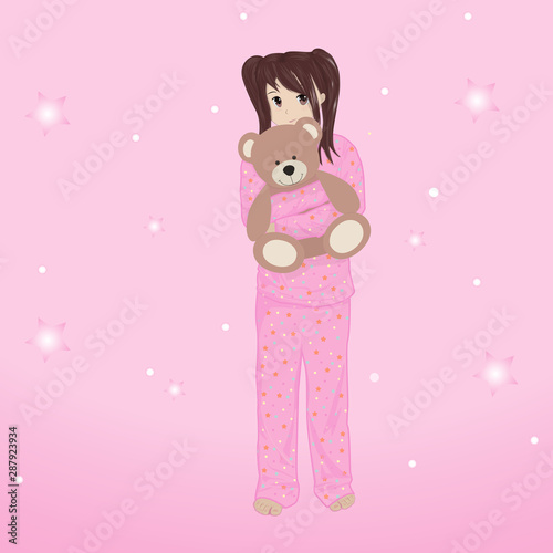 girl in pajamas hugs a bear, anime, vector illustration