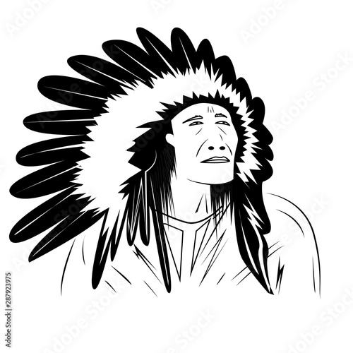 native american, portrait, black and white drawing, vector illustration