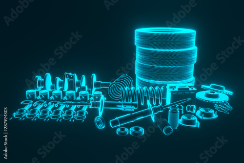 Auto parts, spare parts car on the grey background. Set with many new items for shop or aftermarket. Auto parts for car. 3D rendering photo