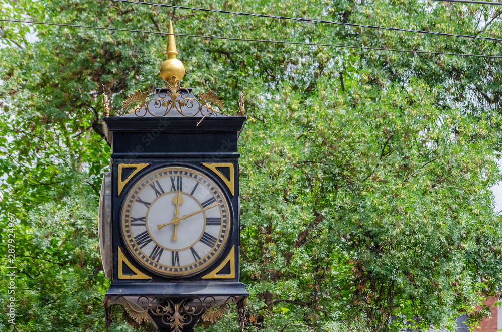 Fototapeta premium Beautiful old street clock on the background of green trees on a Sunny day in Tbilisi. Watch without a signature