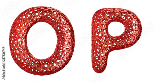 Realistic 3D letters set O, P made of red plastic.