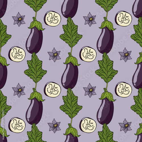 Seamless pattern with eggplants on light purple background