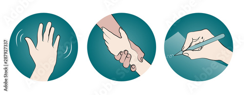 Waving hand, helping hand, writing hand - linear icons - vector illustration