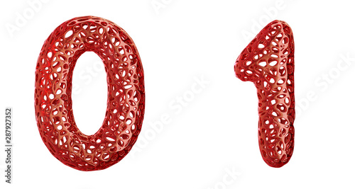 Number set 0, 1 made of red plastic 3d rendering