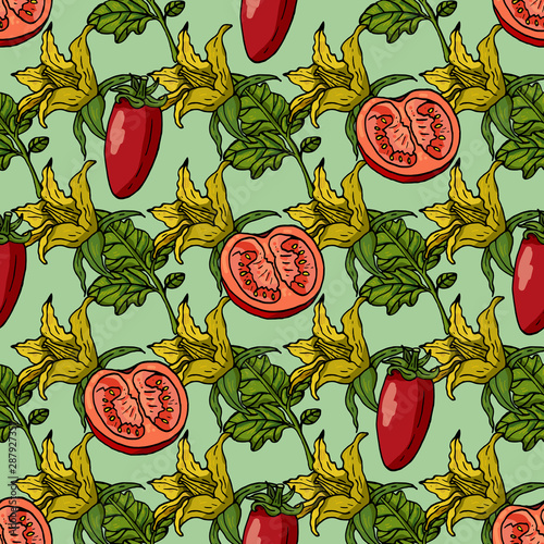 Seamless pattern with fresh vegetables on light green background for your design
