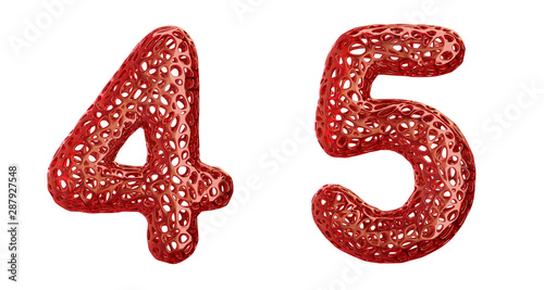 Number set 4, 5 made of red plastic 3d rendering