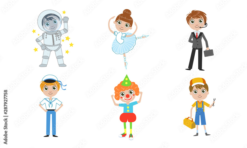 Kids of Different Professions Set, Astronaut, Ballerina, Businessman, Sailor, Clown, Plumber Vector Illustration
