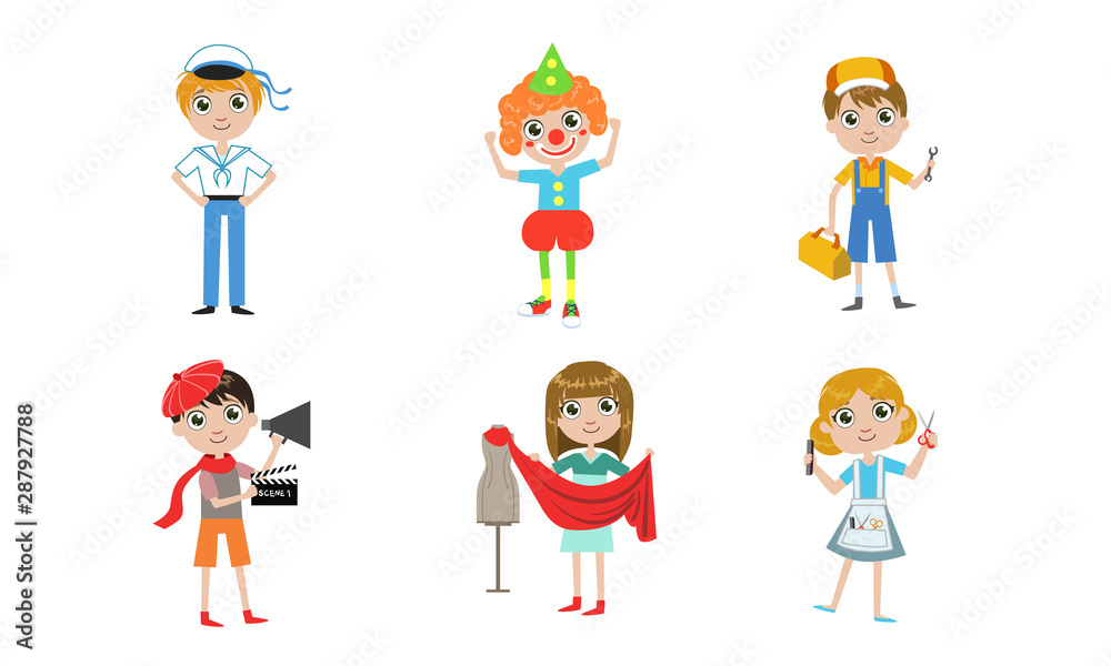 Kids of Different Professions Set, Sailor, Clown, Plumber, Tailor, Hairdresser, Director Vector Illustration