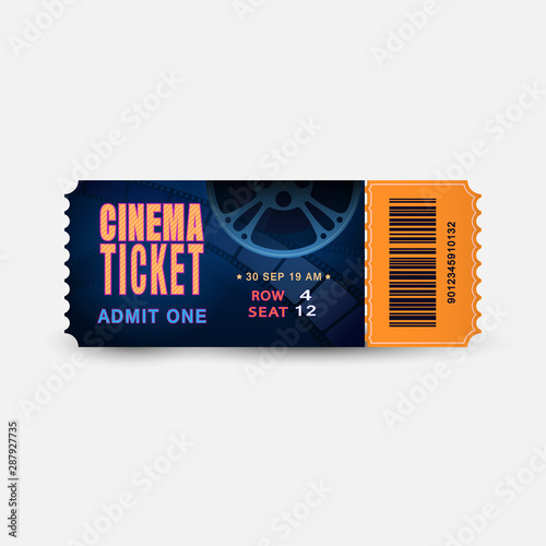 Cinema ticket close up top view isolated on white background. Realistic admission pass mockup or performance coupon. Template Ticket for Theatre, Movie, Festival, Concert.