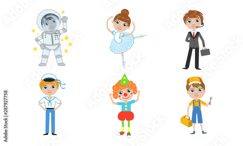 Kids of Different Professions Set, Astronaut, Ballerina, Businessman, Sailor, Clown, Plumber Vector Illustration