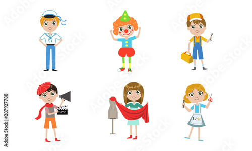 Kids of Different Professions Set, Sailor, Clown, Plumber, Tailor, Hairdresser, Director Vector Illustration