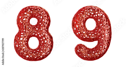 Number set 8, 9 made of red plastic 3d rendering