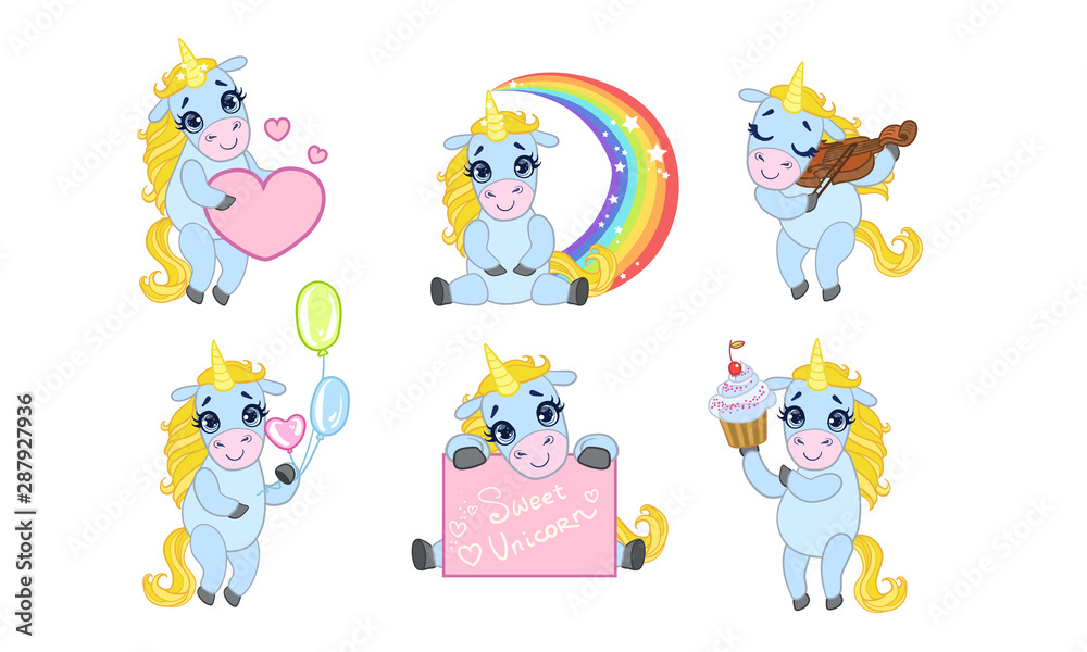 Adorable Sweet Unicorn Cartoon Character Set, Cute Fantasy Animal in Different Situations Vector Illustration Adorable Sweet Unicorn Cartoon Character Set, Cute Fantasy Animal in Different Situations Vector Illustration