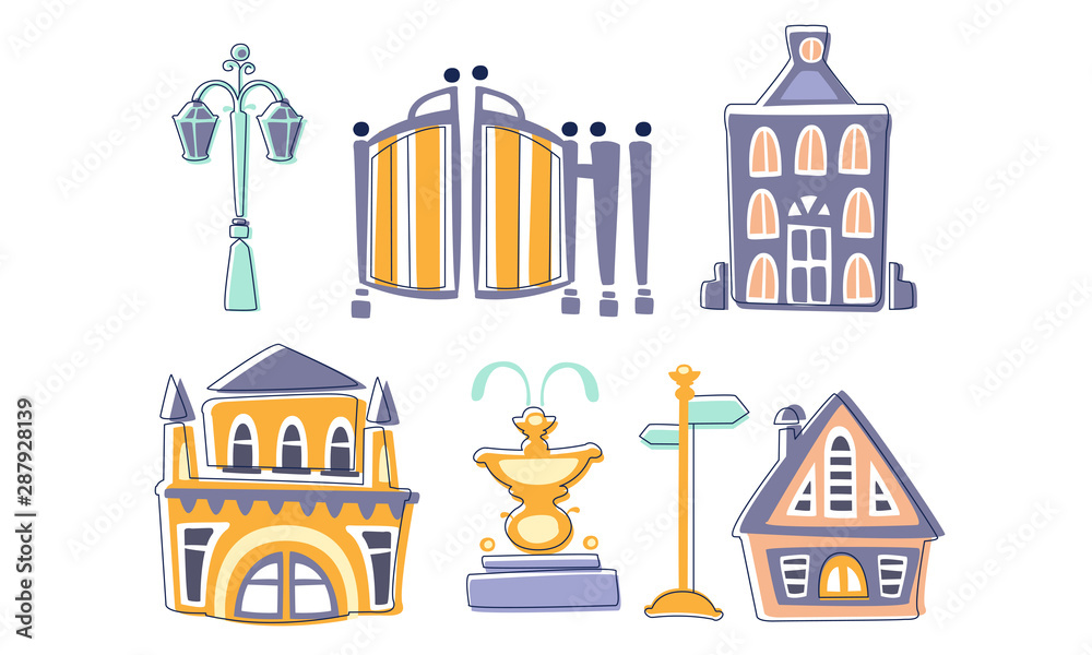 City Landscape Elements Set, Town Residential Houses, Fountain, Lantern, Signpost Hand Drawn Vector Illustration