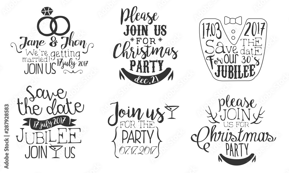 Invitation for the Event Monochrome Badges Set, Wedding, Save the Date, Christmas Party Design Element Hand Drawn Vector Illustration