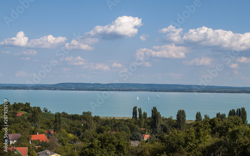 Landscape of Lake Balaton in Badacsony, one of the famous Hungarian vine regions. Is a freshwater lake in the Transdanubian region of Hungary. It is the largest lake in Central Europe.  photo