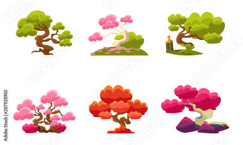 Fantasy Trees Set, Fairytale Nature Landscape Elements, Game User Interface Assets Vector Illustration