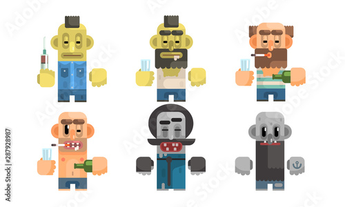 Addict Men Set, Male Characters Having Pernicious Habits, Drug, Alcoholism, Smoking, Vagrancy Vector Illustration