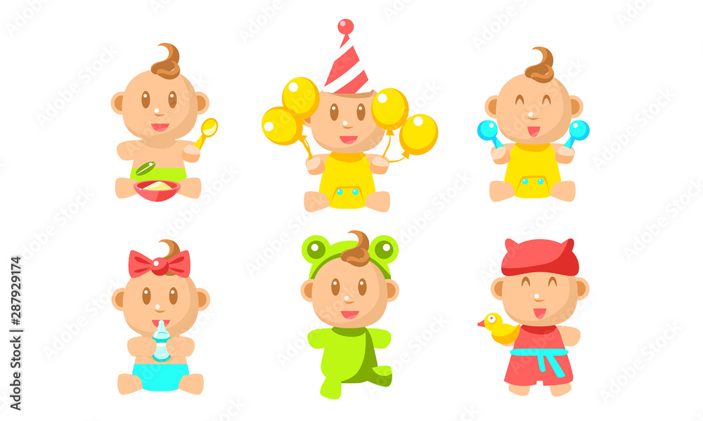 Cute Little Baby Character Set, Adorable Inant Boy or Girl Daily Routine Vector Illustration Cute Little Baby Character Set, Adorable Inant Boy or Girl Daily Routine Vector Illustration
