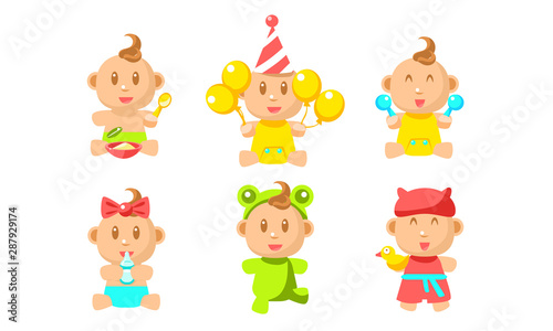 Fototapeta Naklejka Na Ścianę i Meble -  Cute Little Baby Character Set, Adorable Inant Boy or Girl Daily Routine Vector Illustration