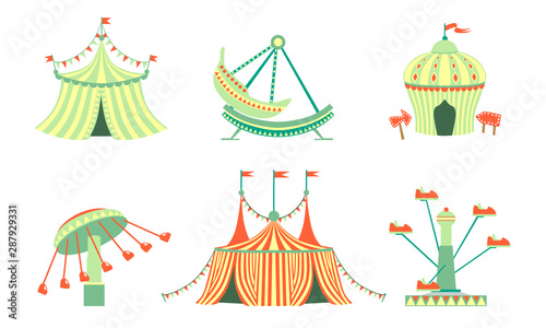Amusement Park Icons Set, Carnival, Festival Funfair Attractions Vector Illustration