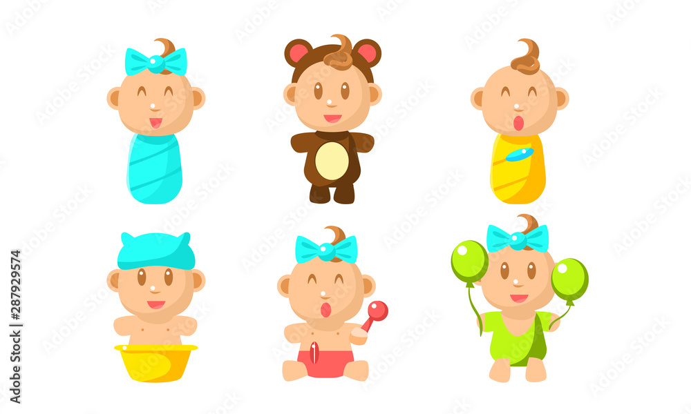 Cute Little Baby Character Set, Adorable Infant Baby Daily Routine Vector Illustration