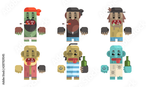 Addict Men Set, Male Characters Having Pernicious Habits, Drug, Alcoholism, Smoking Vector Illustration