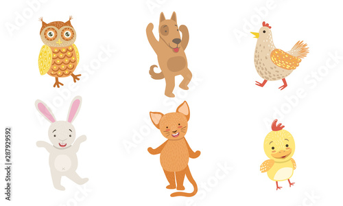 Fototapeta Naklejka Na Ścianę i Meble -  Cute Smiling Animals Set, Happy Owl, Dog, Hen,Chicken, Bunny, Cat Vector Illustration