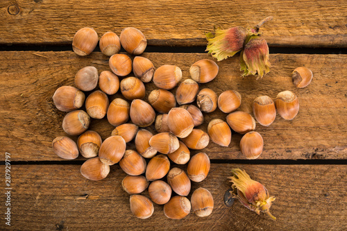 Freshly harvested hazelnuts on rustic table