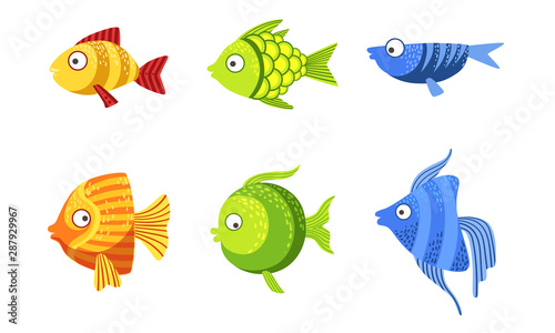 Cute Fish Set, Colorful Tropical Sea or Aquarium Fish Vector Illustration