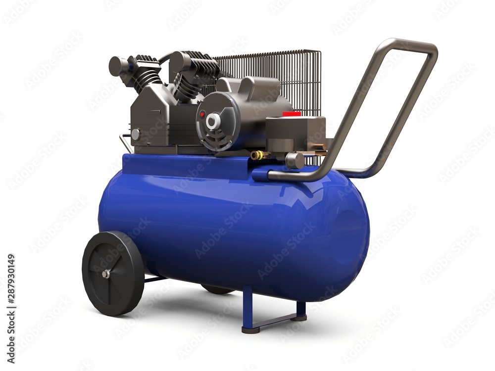 Fototapeta premium Blue horizontal air compressor isolated on a white background. 3d illustration.
