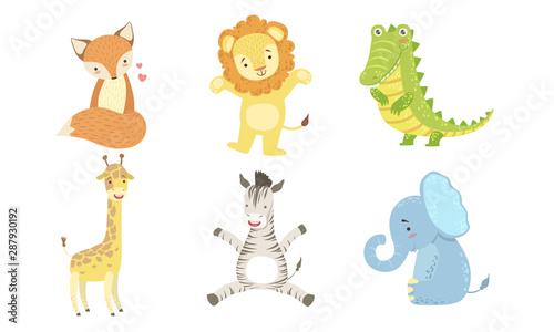 Cute Smiling Animals Set, Happy Fox, Lion, Crocodile, Giraffe, Zebra, Elephant Vector Illustration