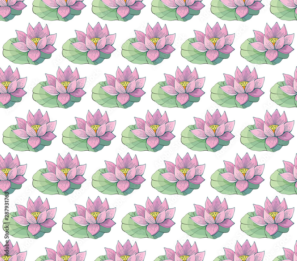 Seamless vector pattern of gentle pink Lotus flowers and leaves. Water lily. Vintage style. hand drawn Botanical illustration. Good design for printing, postcard, Wallpaper, packaging, textile.