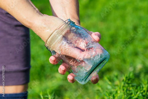Water wash glass jar on the nature