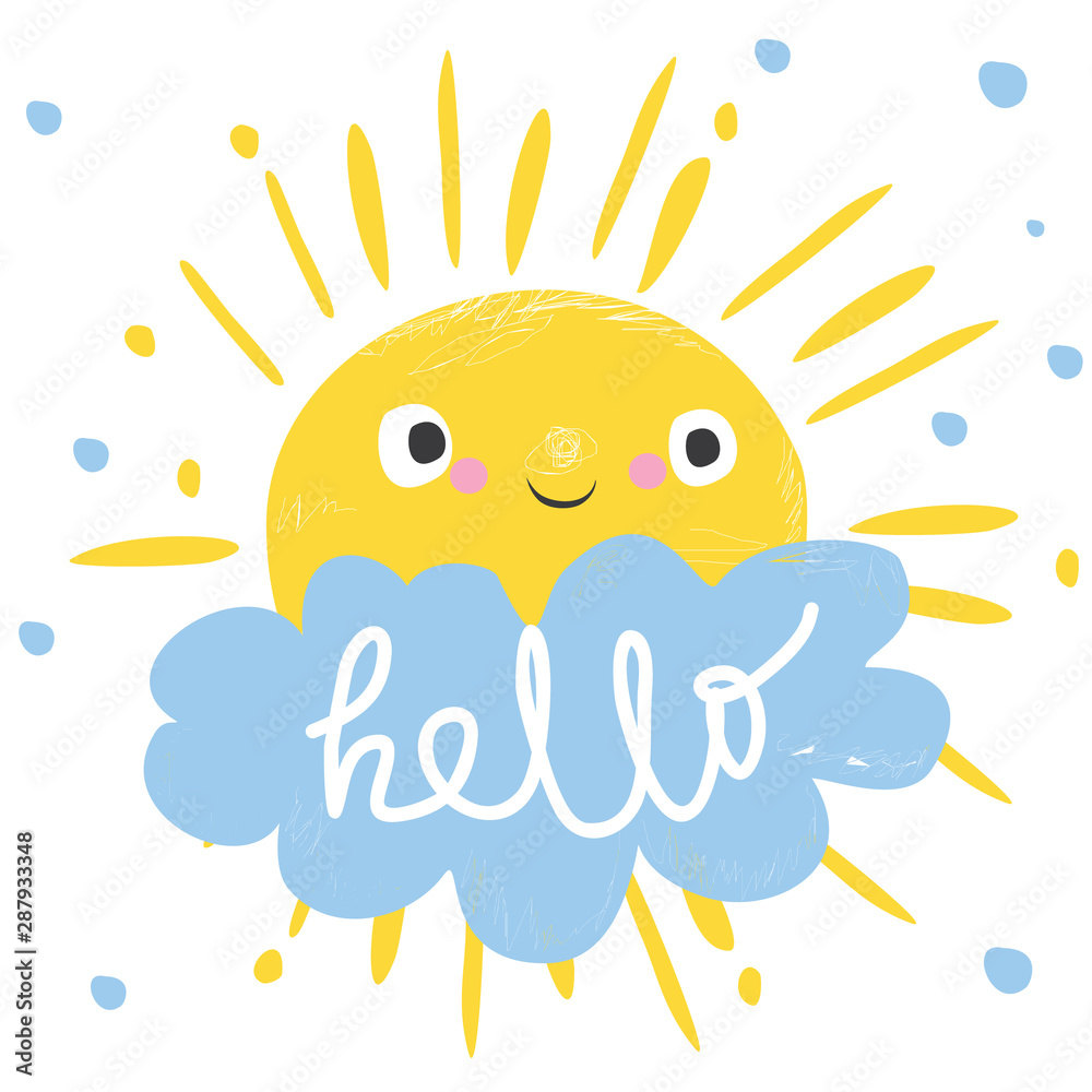 cute sun and cloud says hello. vector illustration. Card for kids.