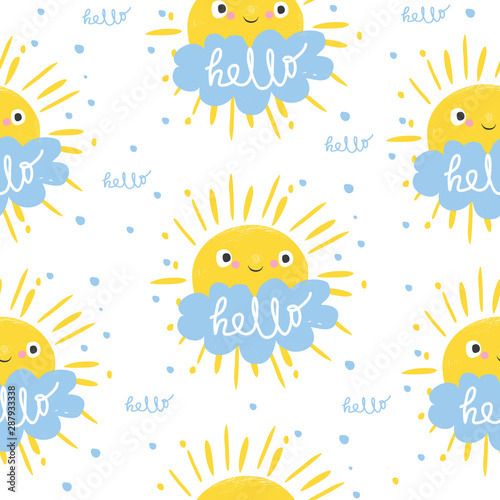 seamless pattern cute sun and cloud says hello. vector illustration. Card for kids.