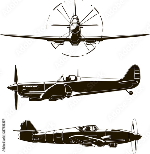 Second World War fighter, navy airplane, vector illustration, Britain, Germany, front and side view, isolated, monogram, silhouette, black graphic drawing