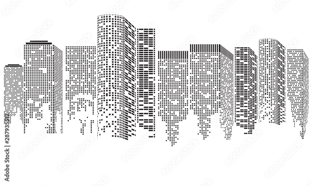 Abstract Futuristic City. Cityscape buildings made up with dots, Digital city landscape. illustration Rasterized copy..