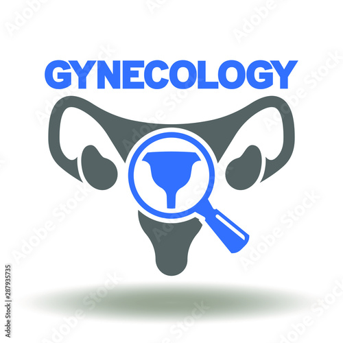 Uterus magnifying glass ovaries icon vector. Gynecology logo. Examination female reproduction organ symbol.