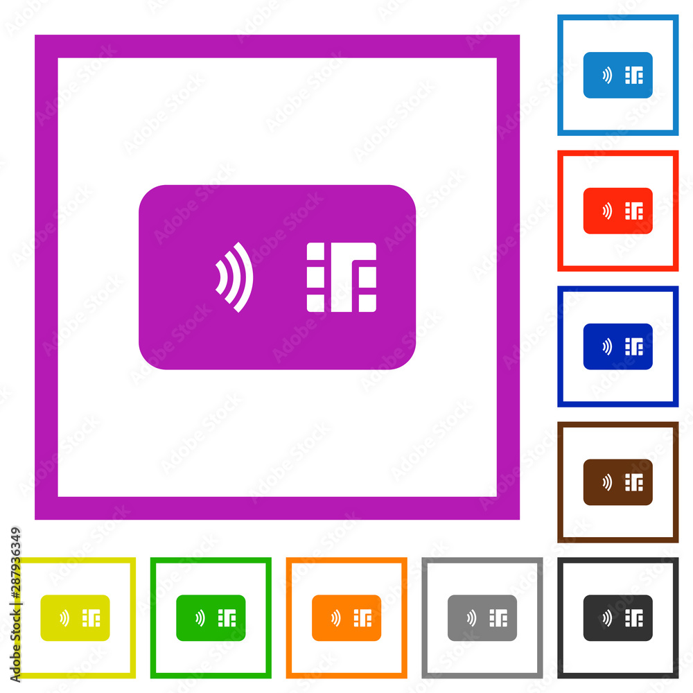 NFC chip card flat framed icons NFC chip card flat framed icons