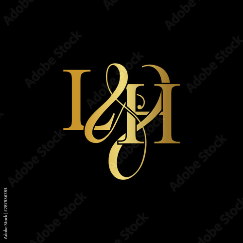Initial letter LH L H luxury art vector mark logo, gold color on black background.	
