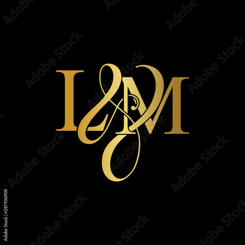 Initial letter LM L M luxury art vector mark logo, gold color on black background.	