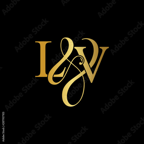 Initial letter ,  L V luxury art vector mark logo, gold color on black background.