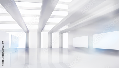 Large shopping mall  gallery. Empty hall for the expo. White background. Vector illustration.