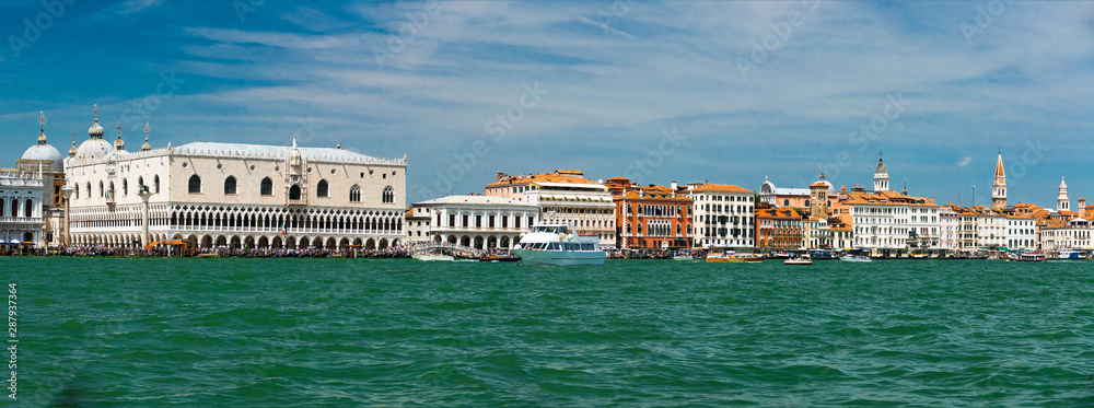 Panoramic view of the promenade of Venice from the sea. Doge's Palace. Italy